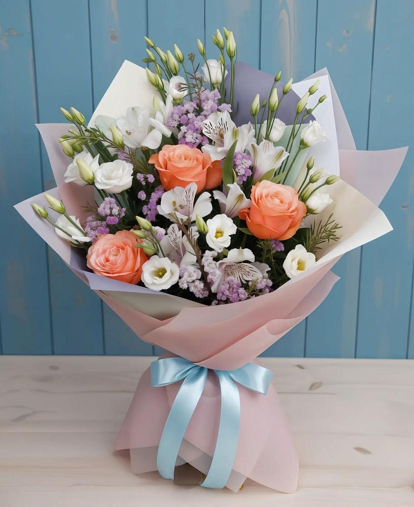 Букет цветов из: Лизиантусы, Розы, Альстромерии и Гипсофила в Михайловске Свердловской области