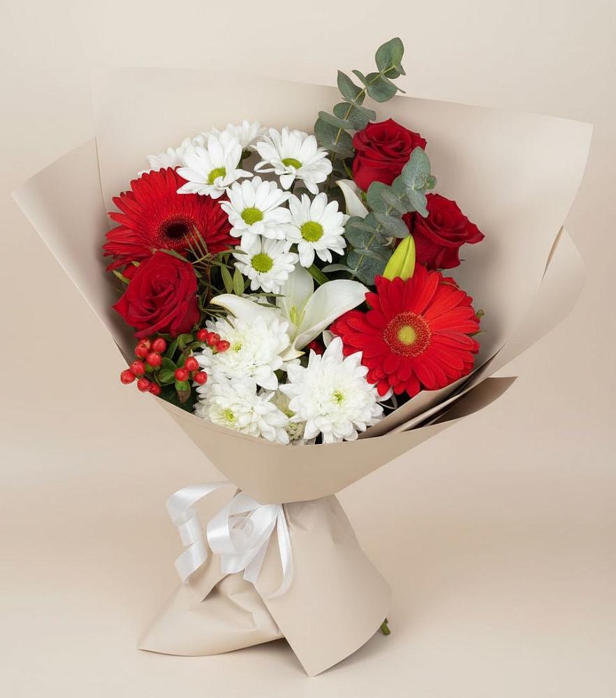 Букет цветов из: Розы, Хризантемы, Герберы и Лилии в Михайловске Свердловской области